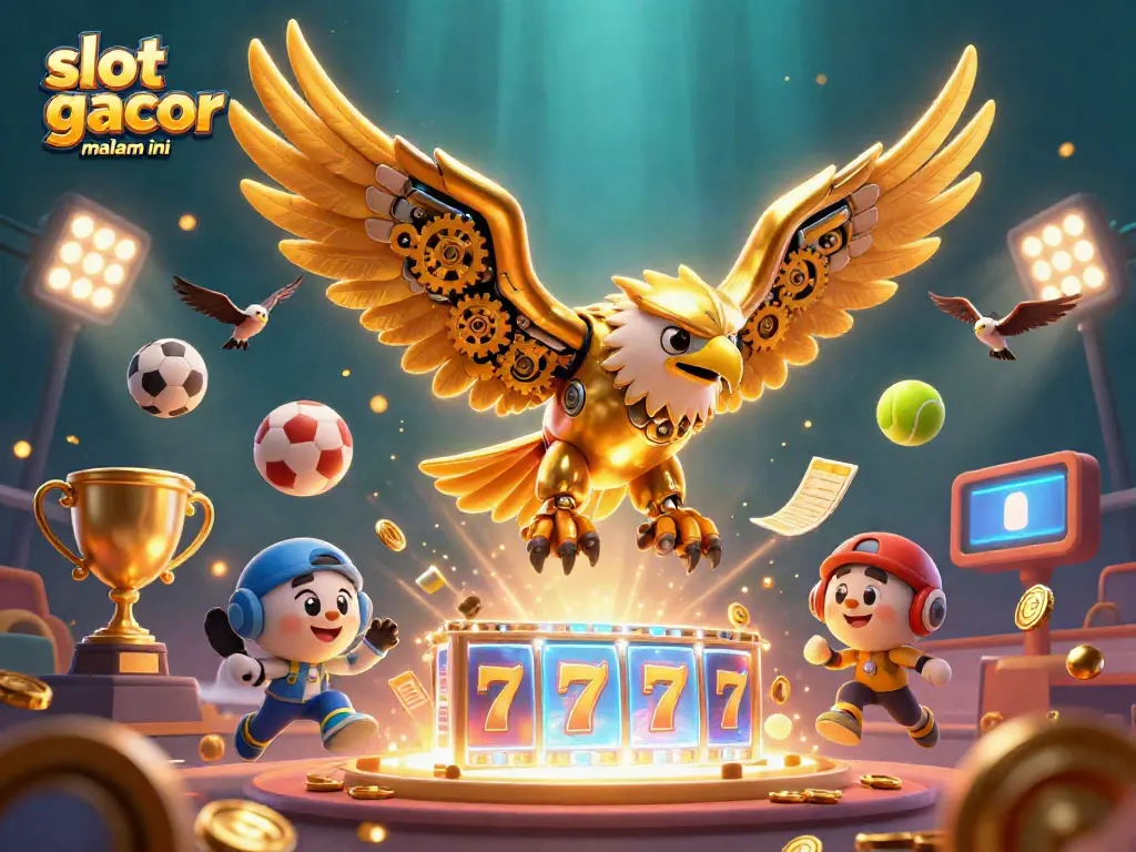 Gambarkan slot gacor malam ini dengan burung elang emas cybernetic dan elemen permainan kasino lainnya.
