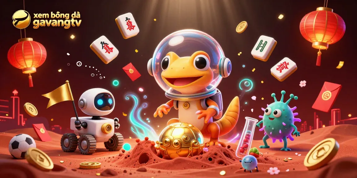 xem bóng đá gavangtv scene involving a Martian gecko discovering a golden casino with sports elements and festive decorations.
