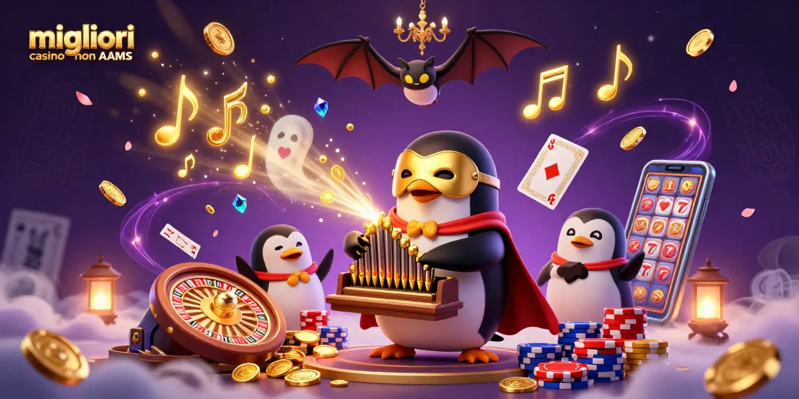 Migliori casino non AAMS: i giocatori si divertono in un'illustrazione ricca di dettagli con simboli dei giochi e bonus d'oro.