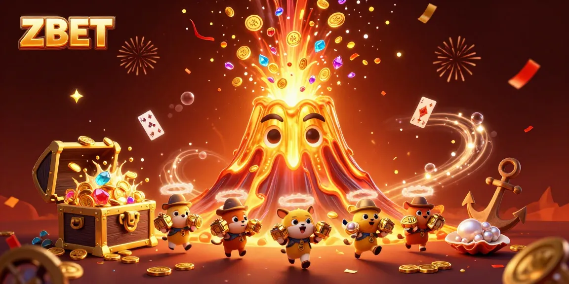 ZBET interface showcasing golden volcano and treasure in vibrant casino-themed illustration