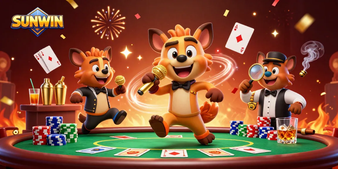 SUNWIN casino showdown: Hyenas entertain while players stack poker chips and ace hands.