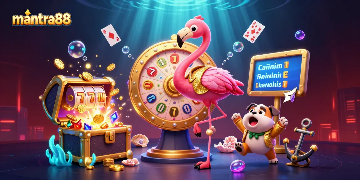 Experience excitement with mantra88 at a vibrant gaming scene featuring a flamingo host and bulldog contestant.