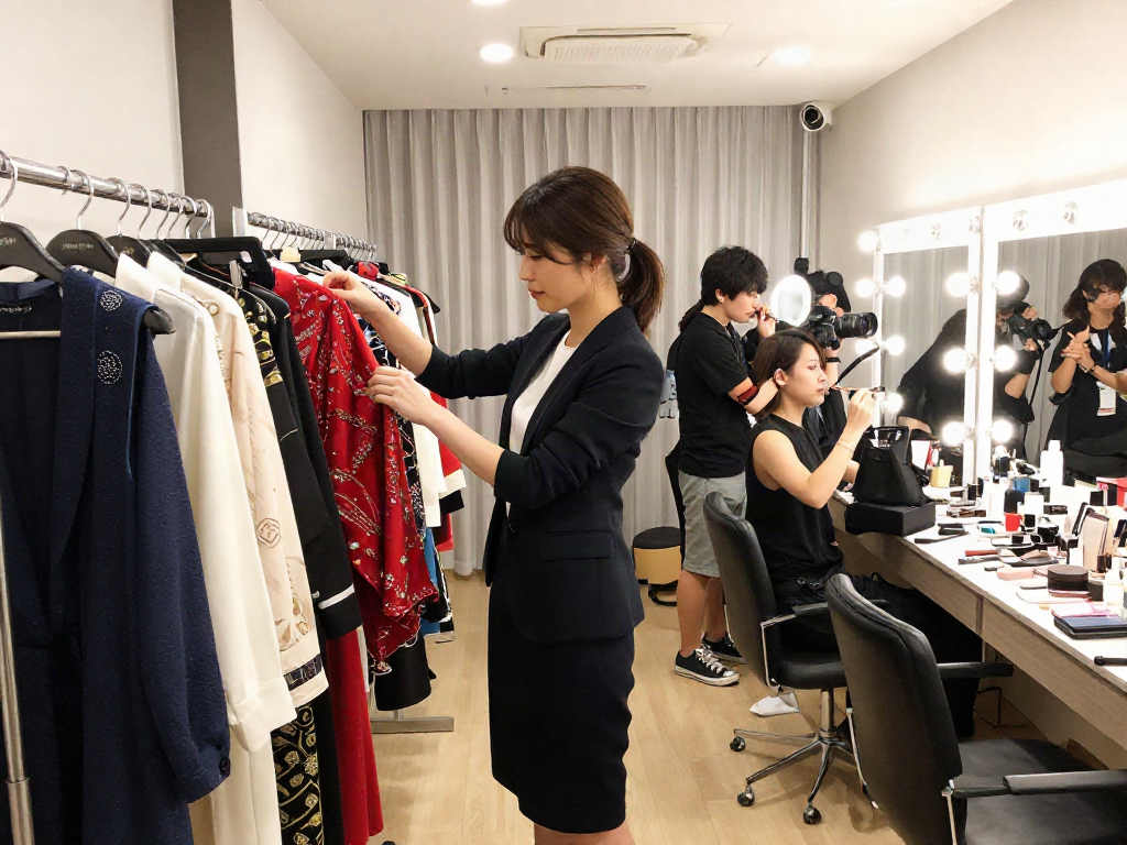 准备拍摄的日本AV女演员身处华丽化妆间，周围是服装和灯光设备。