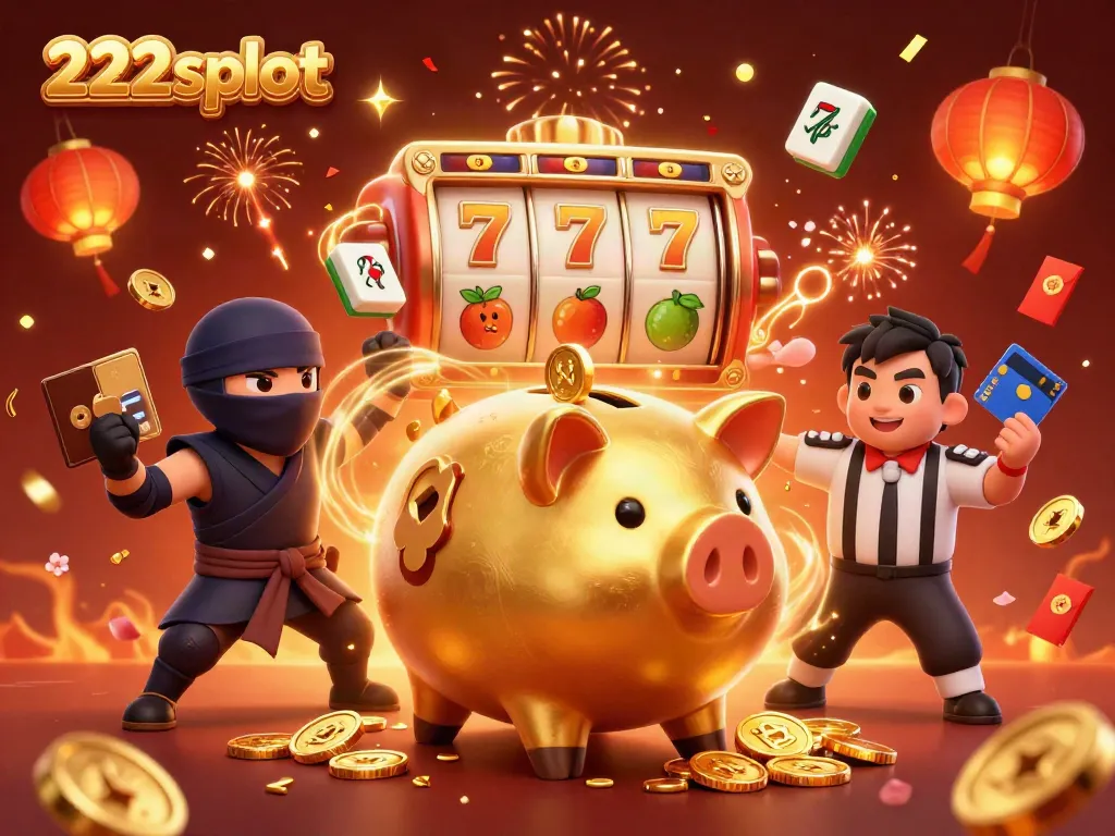 Menangkan banyak koin emas dari permainan slot dengan 222slot di ilustrasi kasino 3D.