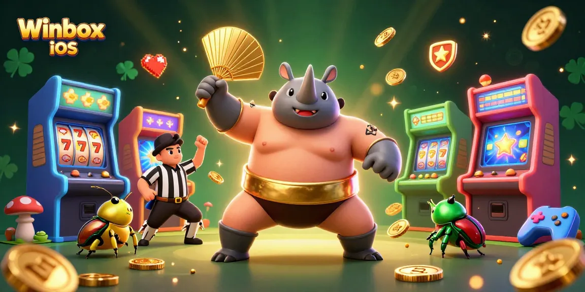 Winbox iOS app features a vibrant gaming scene with a beetle champion amidst casino elements.