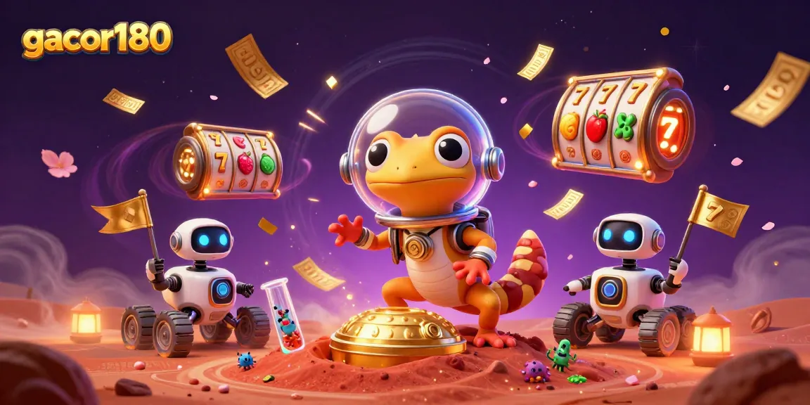 Gacor180 menghidupkan permainan kasino dengan gecko luar angkasa menyambut jackpot berkilau.