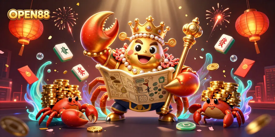 Experience winning adventures at OPEN88 with a golden crab emperor and vibrant casino elements