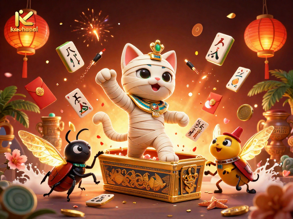 Feel the excitement of keonhacai as an Egyptian mummy cat bursts forth in a vibrant pyramid casino scene.