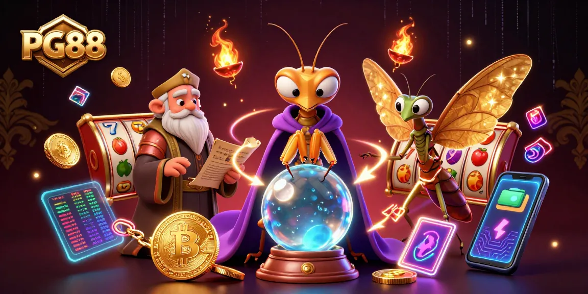 Engage with PG88's immersive casino experience featuring a vibrant illustration of fortune tellers, slot games, and crypto elements.