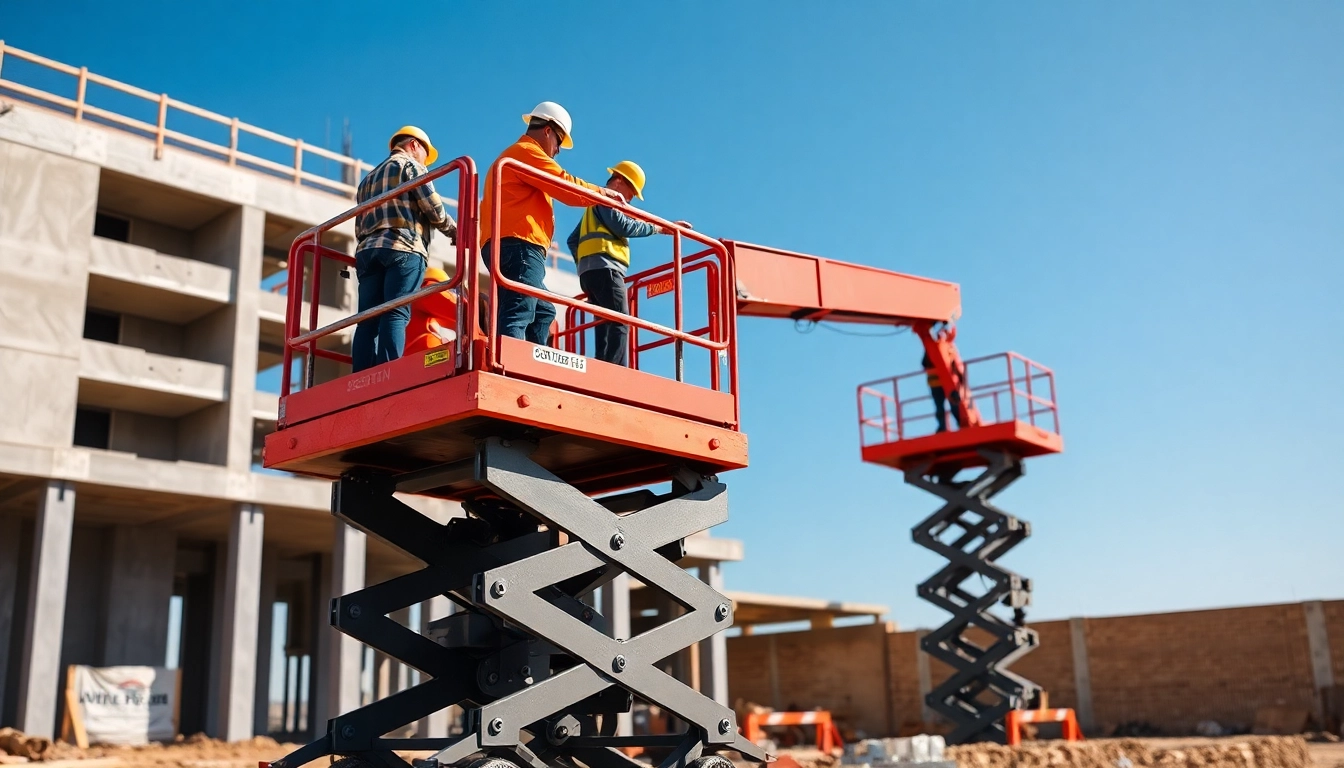 Operators using a scissor lift on a construction site, showcasing its height and efficiency.