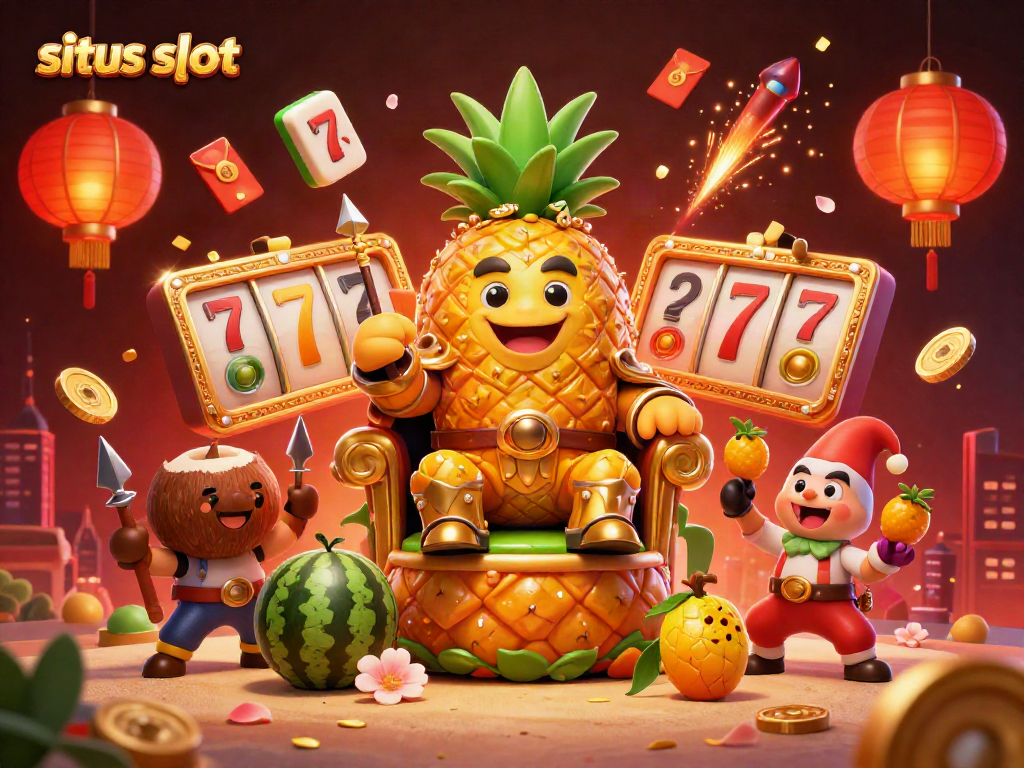 Experience situs slot fun with a golden pineapple king, slot reels, and festive elements in a vibrant casino scene.