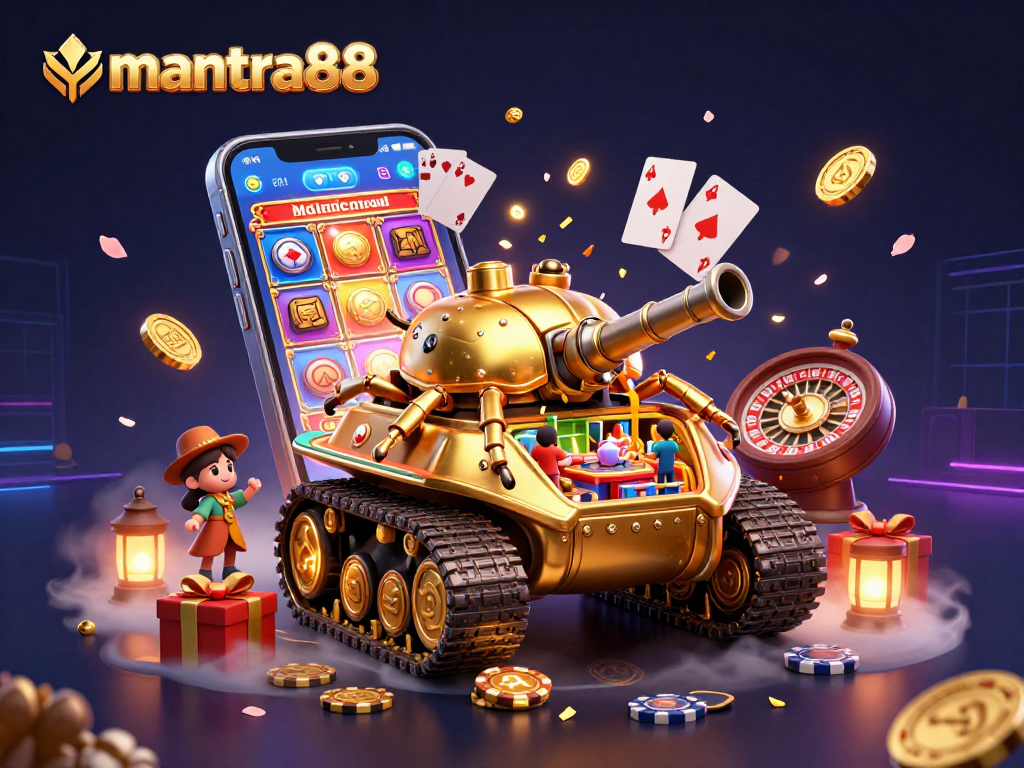 Play exciting slots at mantra88 with a lively casino scene featuring golden coins and game elements.