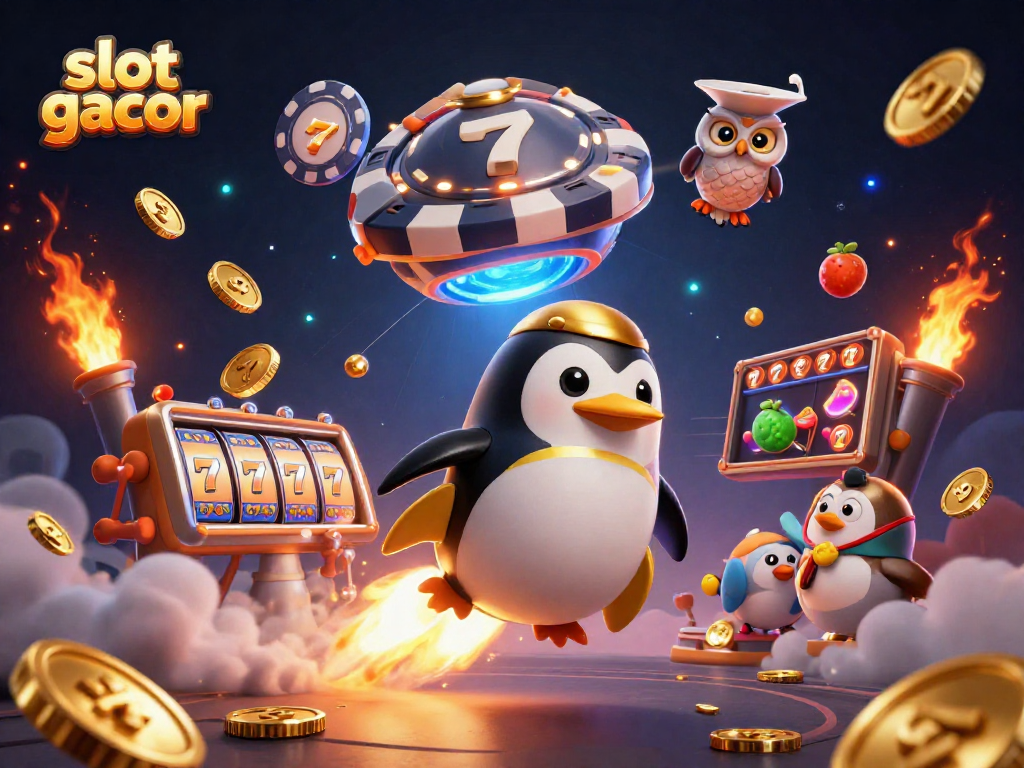 Exciting slot gacor scene featuring a golden penguin and casino elements amidst a cosmic backdrop.