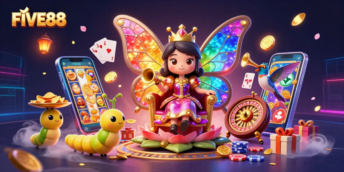 Win big at FIVE88 with the enchanting butterfly queen in a vibrant casino scene!