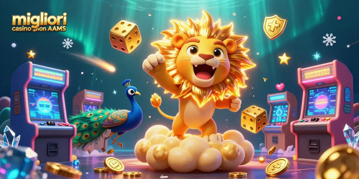 Immagine vivace di un leone solare e dadi d'oro che rappresentano i migliori casino non AAMS in un'atmosfera cinematografica di gioco.