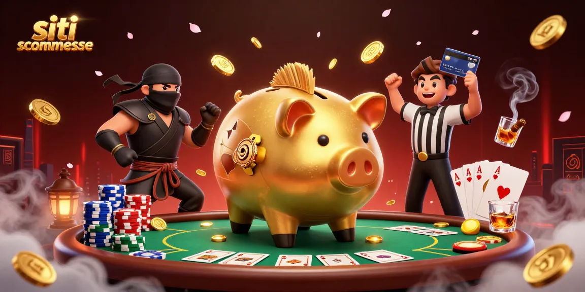 Scopri il dinamico mondo dei siti scommesse con l'illustrativa battaglia tra un sommozzatore piggy bank e un ninja sul tavolo da poker.