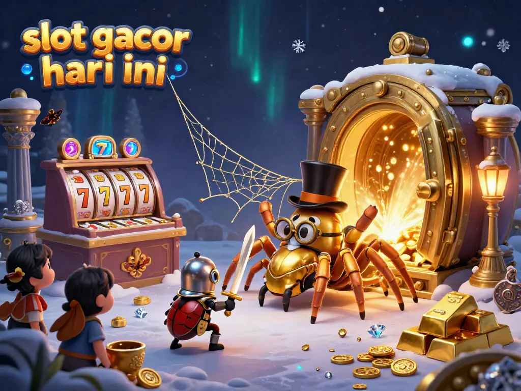 Menampilkan slot gacor hari ini dengan laba-laba emas di kasino, dipenuhi koin emas dan permata.