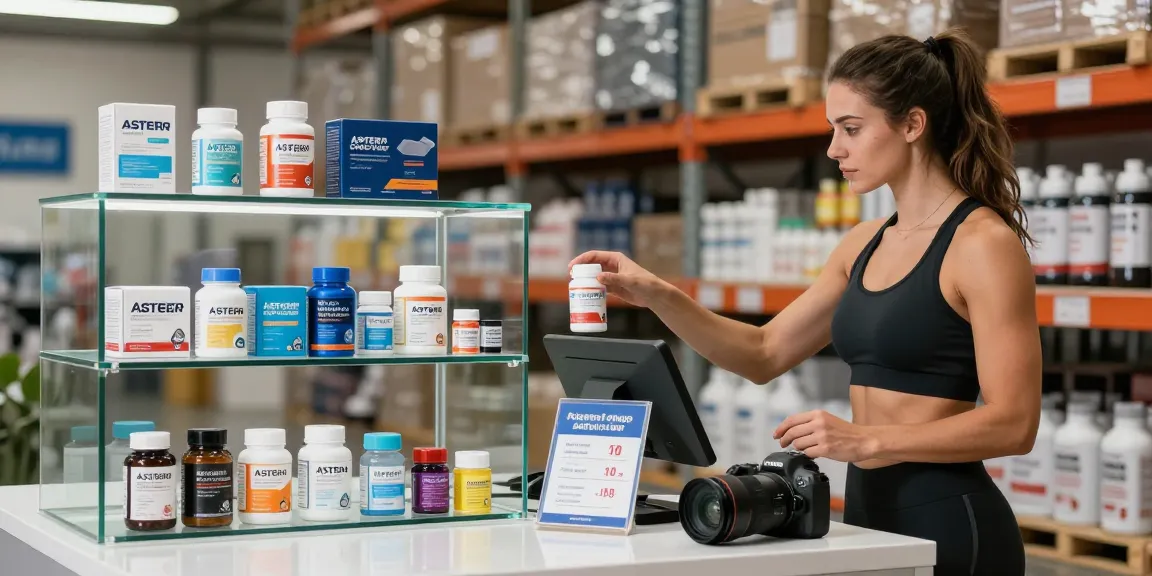 Astera Shop offering a diverse range of steroids and supplements in a sleek display