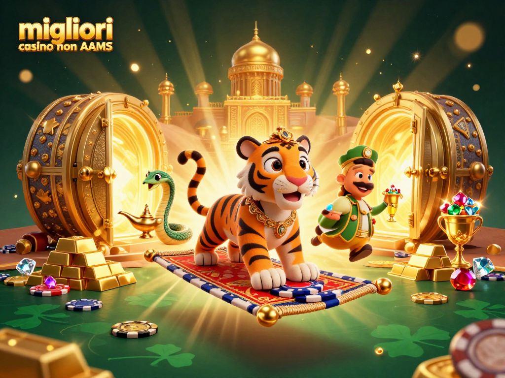 Migliori casino non AAMS: tigre sultano su tappeto di fiches circondato da tesori nel deserto.