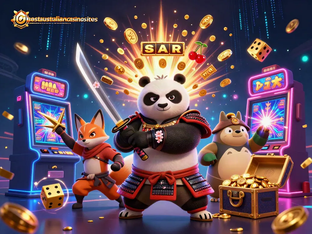 Engage with online blackjack action featuring unique elements from bestaustraliancasinosites, samurai panda, and vibrant casino icons.