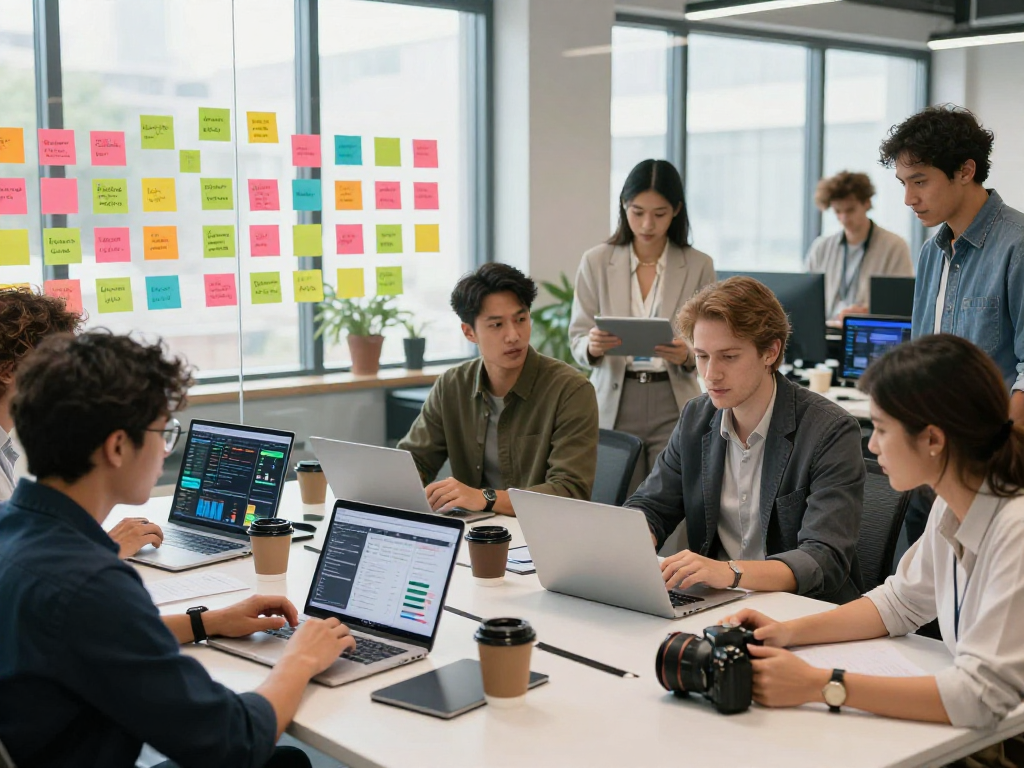 Purchase app downloads with a team brainstorming innovative marketing strategies in a vibrant office setting.