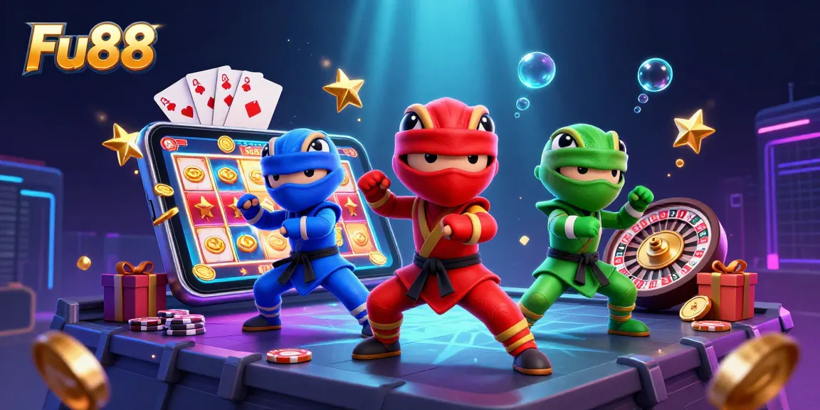 Experience Fu88 with thrilling action as animated chameleons engage in dynamic casino games.