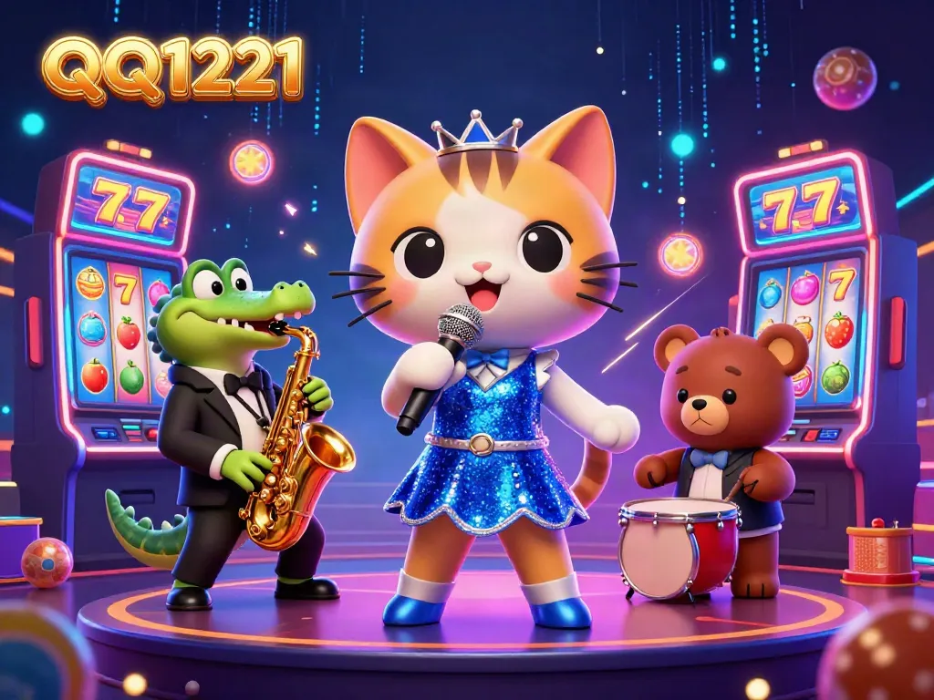 Experience thrilling entertainment with QQ1221 while enjoying lively casino characters and vibrant slot machines.
