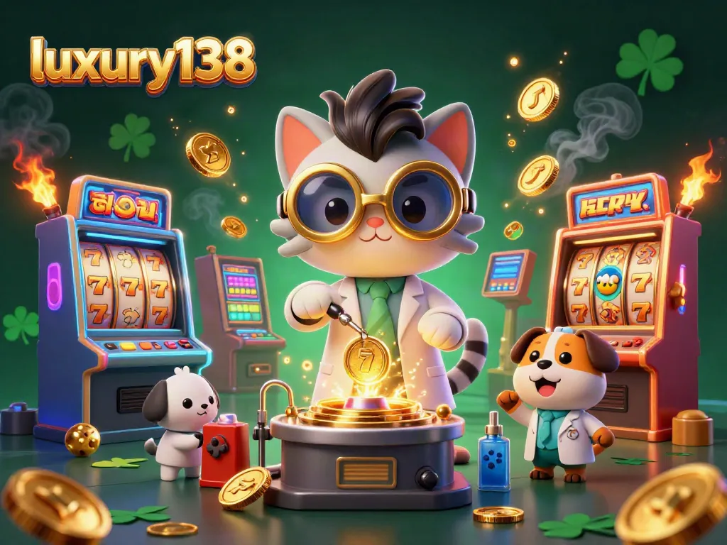 Visualize the joy of playing slots at luxury138 with a mad scientist cat and loyal dog in a vibrant casino scene.