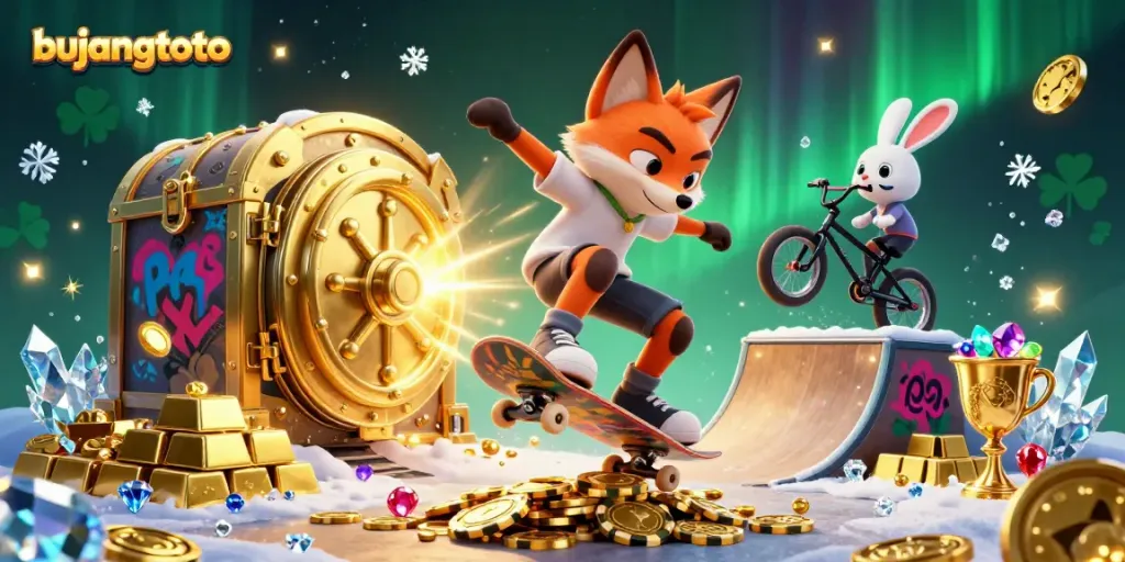 Kickflip fox and BMX rabbit showcase bujangtoto in a vibrant casino-themed illustration.