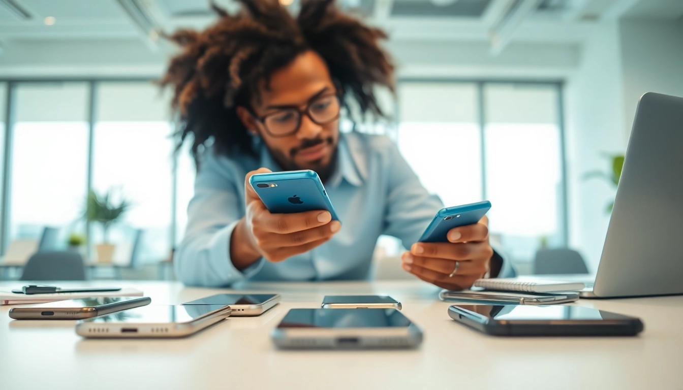 Phone cash buyer evaluating smartphones in a modern office environment.