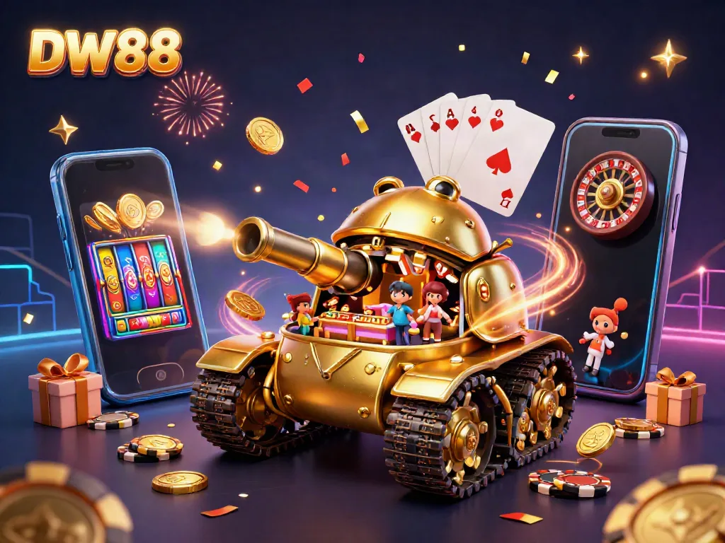 Experience thrilling casino action with DW88 inside a golden beetle tank featuring vibrant slot games and prizes.