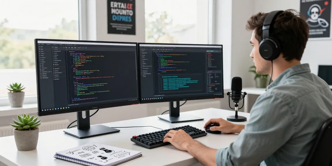Developer in tech workspace using bdtjl for coding on dual screens, showcasing a modern office setup.