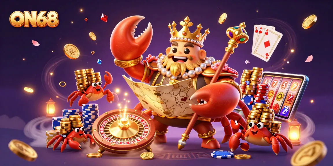 Experience the allure of ON68 with a vibrant casino illustration featuring a golden crab emperor and dynamic gaming elements.
