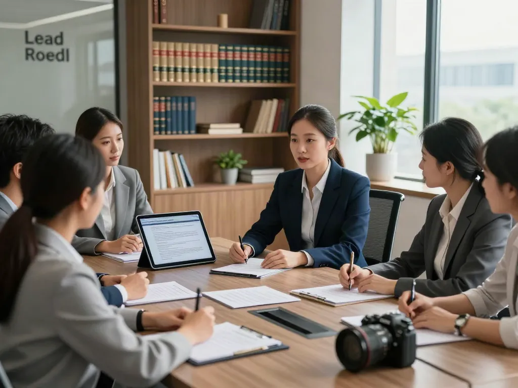 Lead Roedl legal consultation with diverse clients in a modern office.
