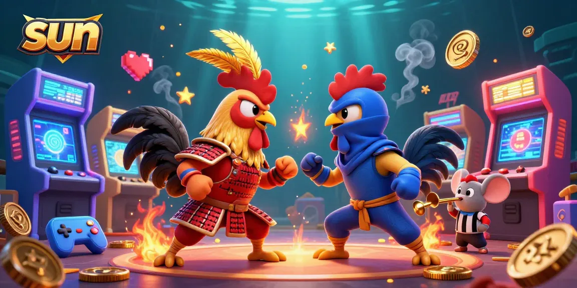 Engage with the sun-themed fighting roosters in an exciting casino showdown amidst retro arcade elements.