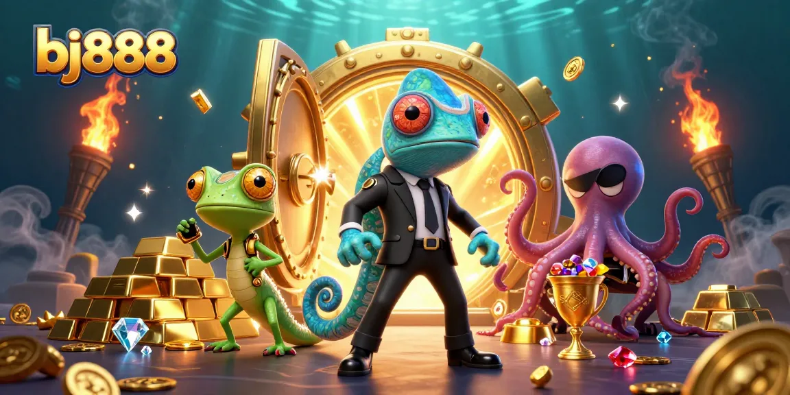 Experience winning at bj888 with a vibrant casino adventure featuring colorful characters and treasures.
