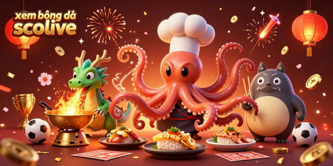 xem bóng đá socolive showcases a vibrant 3D scene with an octopus chef preparing gourmet dishes under a wasabi dragon.