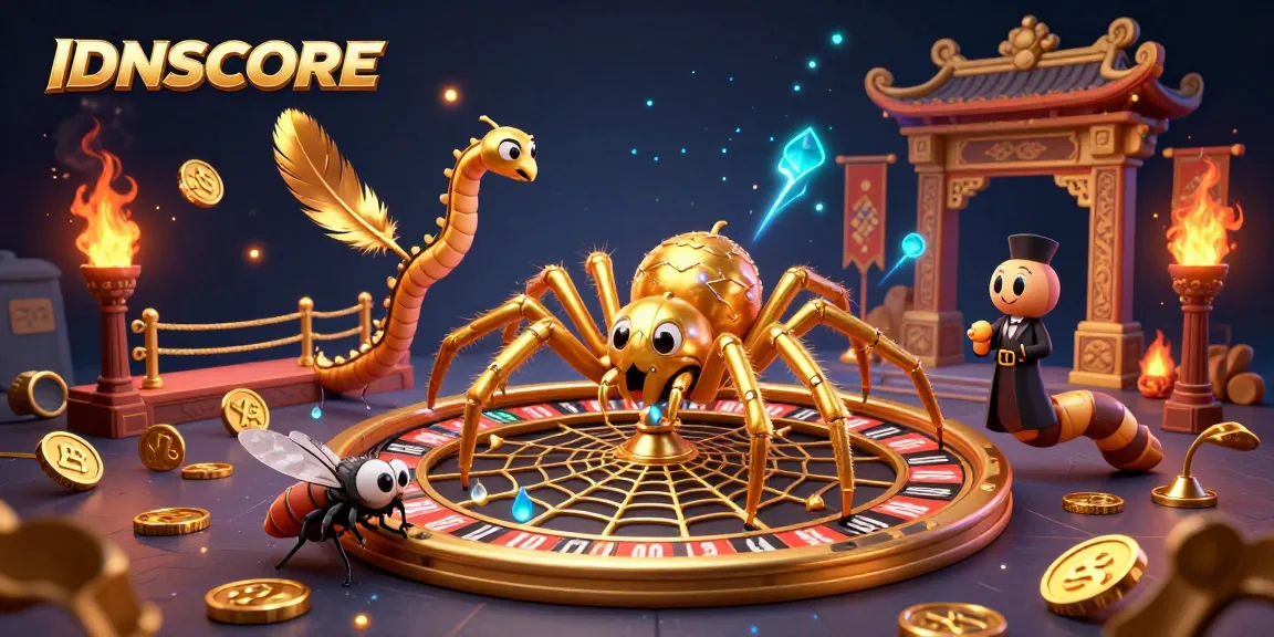 IDNSCORE showcases a vibrant casino scene with a golden spider, betting fly, and centipede croupier.