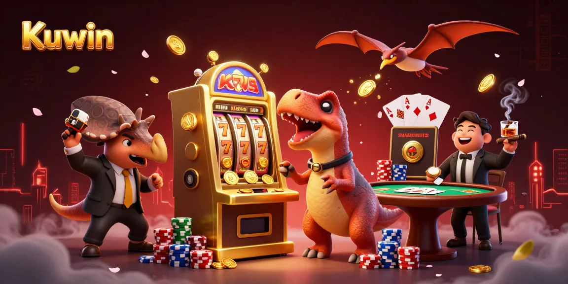Kuwin characters generate jackpot coins by interacting with a golden slot machine in a lively casino scene.
