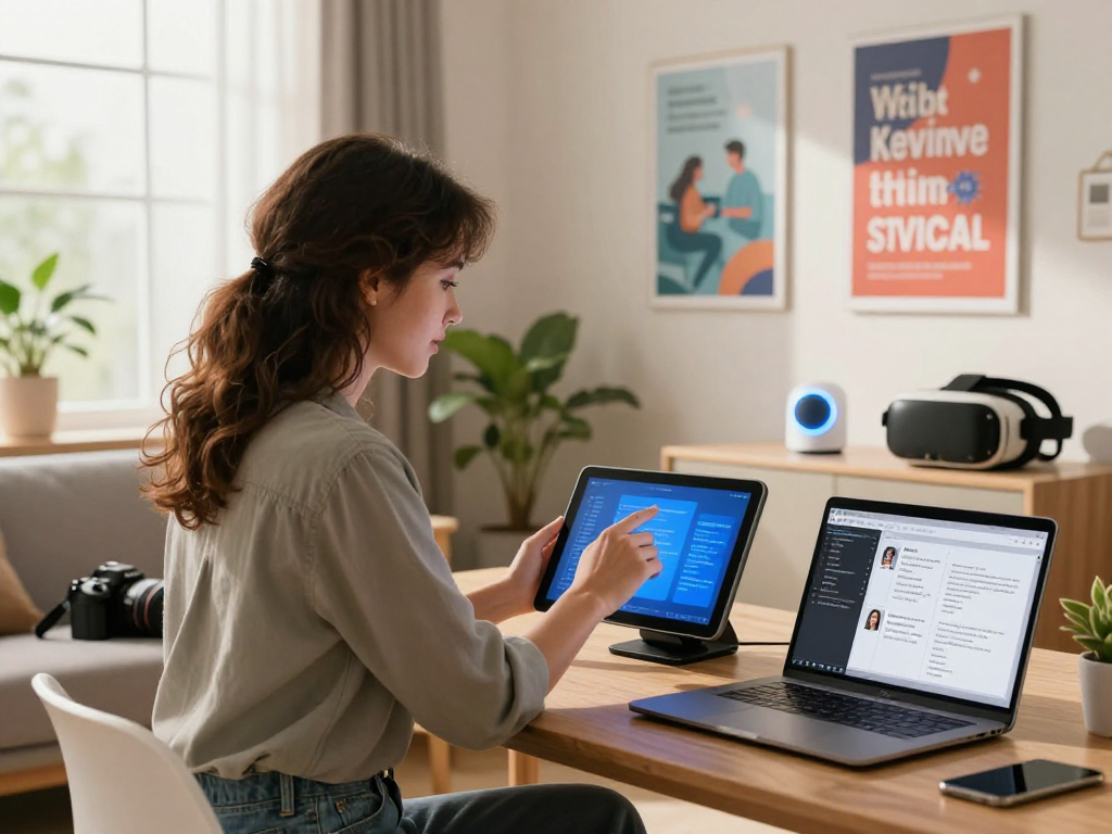 AI girlfriend interaction in a modern living room, showcasing technology and connection.