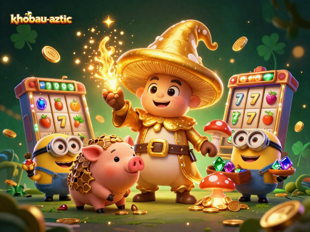 Join the adventure in khobau-aztec with a magical scene featuring wizards, treasures, and slot gameplay!