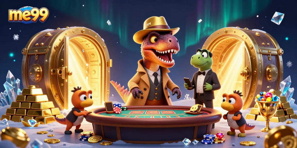 Action-packed scene illustrating me99 with a velociraptor card counter and intriguing gaming elements, emphasizing the casino environment.