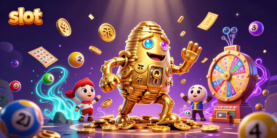 Menangkan slot di kasino dengan ilustrasi menarik dari golem emas yang berputar dan simbol slot.