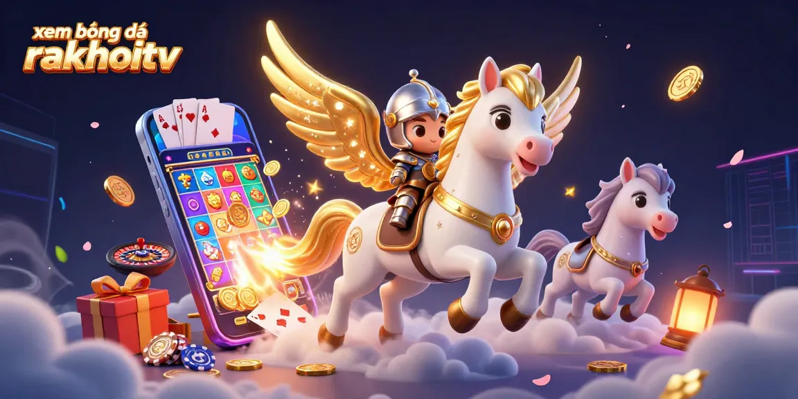 Experience xem bóng đá rakhoitv with thrilling animation of a knight and celestial horse amid vibrant gaming elements.