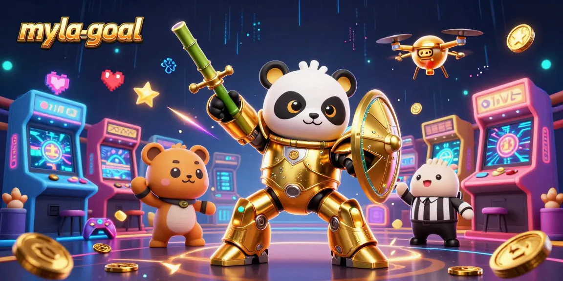 Engage in the thrilling world of myla-goal with a golden panda pilot, vibrant casino-themed gaming elements, and an electric atmosphere.