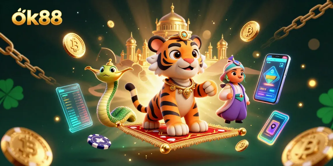 Experience winning thrills at ok88 with a vibrant casino-themed scene featuring characters and crypto elements.