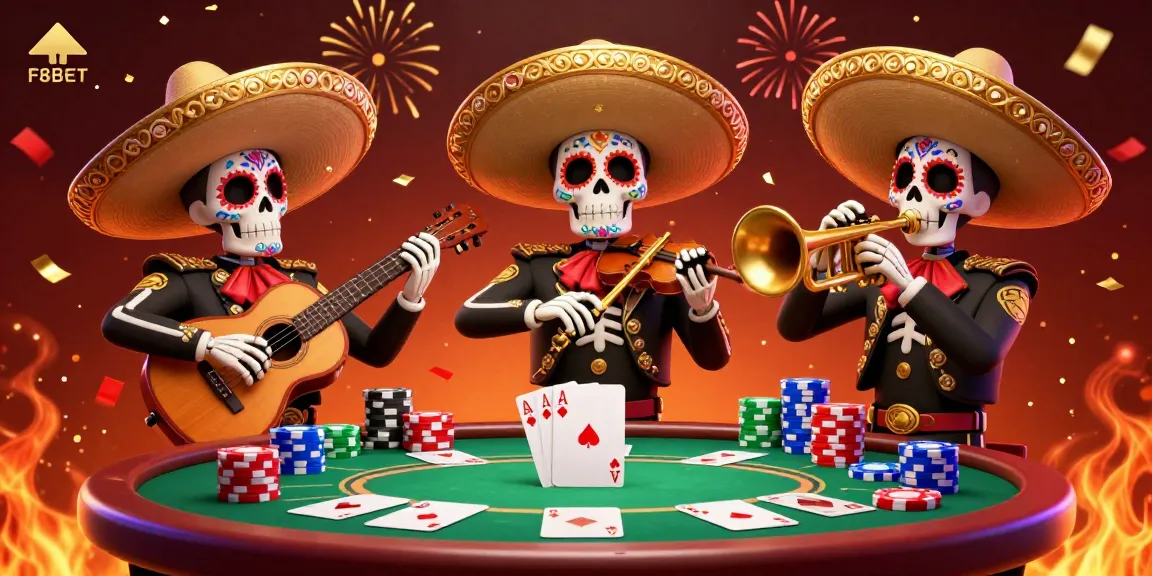Experience the vibrant F8BET mariachi band playing lively music while surrounded by colorful poker elements.