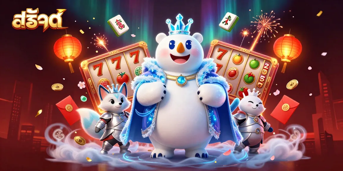 Spin the reels of สล็อต with an enchanted ice king and mystical fox amid vibrant casino elements.