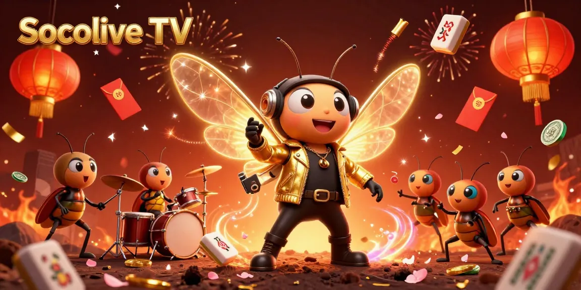 Socolive TV presents a vibrant celebration with a rock star cicada in a casino-themed illustration.