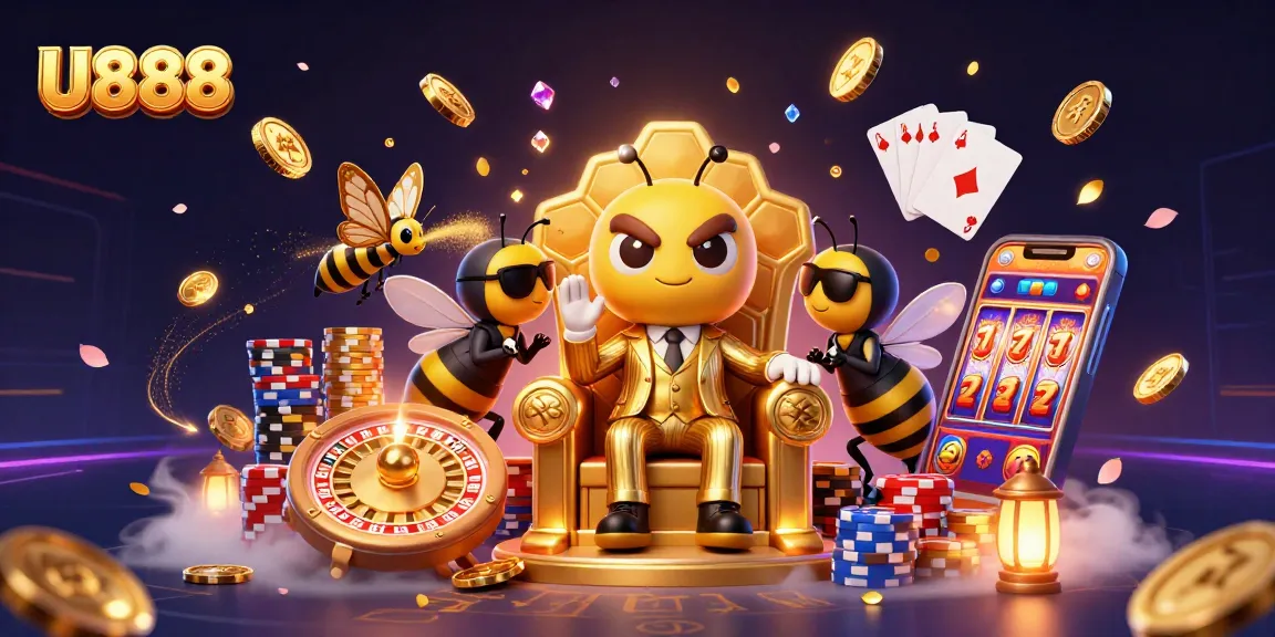 Experience U888's vibrant casino world with a 3D bumblebee mob boss and dazzling gaming elements.